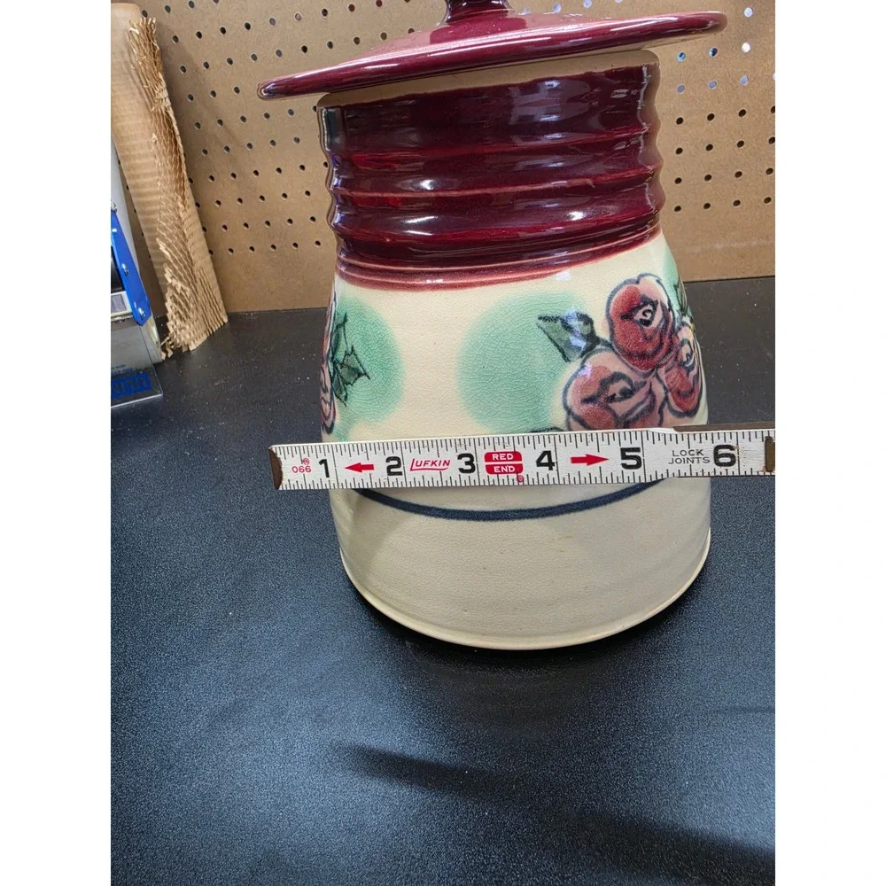 Signed Studio Pottery Rose Canister Burgundy Cream Stoneware Lidded Jar 9.5
